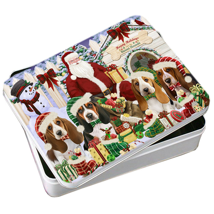 Happy Holidays Christmas Basset Hounds Dog House Gathering Photo Storage Tin PITN51276