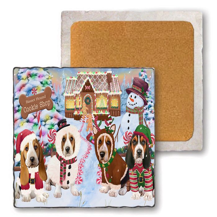 Holiday Gingerbread Cookie Shop Basset Hounds Dog Set of 4 Natural Stone Marble Tile Coasters MCST51101