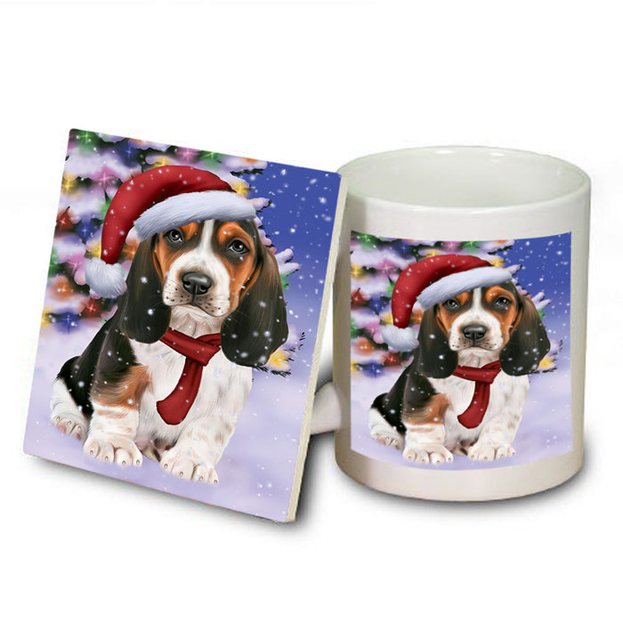 Winterland Wonderland Basset Hound Dog In Christmas Holiday Scenic Background  Mug and Coaster Set MUC53354