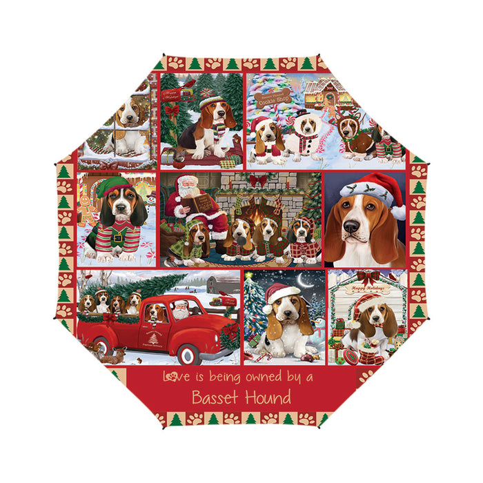 Love is Being Owned Christmas Basset Hound Dogs Semi-Automatic Foldable Umbrella
