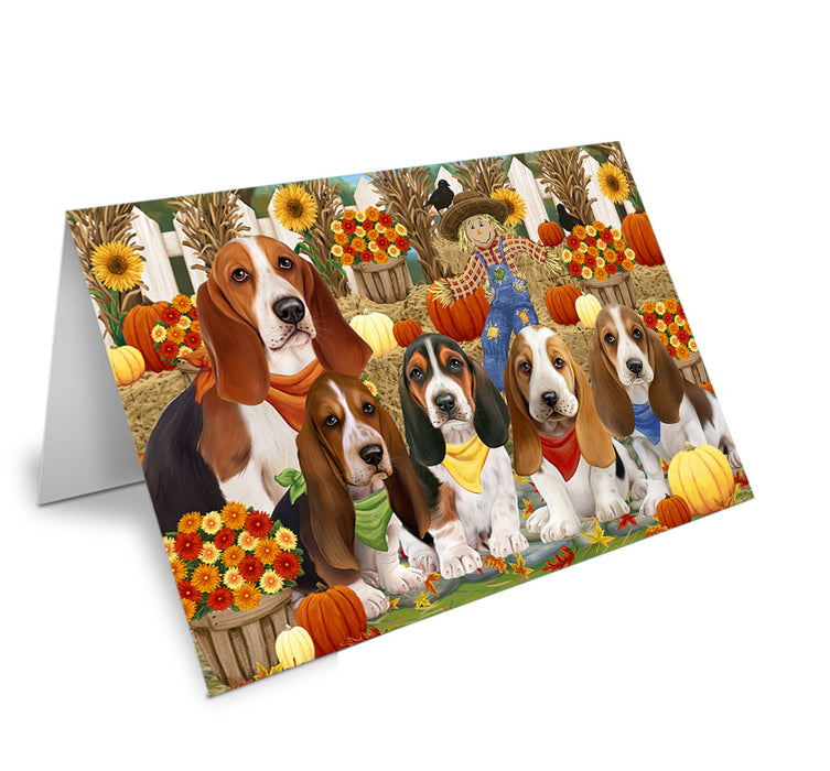 Fall Festive Gathering Basset Hounds Dog with Pumpkins Handmade Artwork Assorted Pets Greeting Cards and Note Cards with Envelopes for All Occasions and Holiday Seasons GCD55892