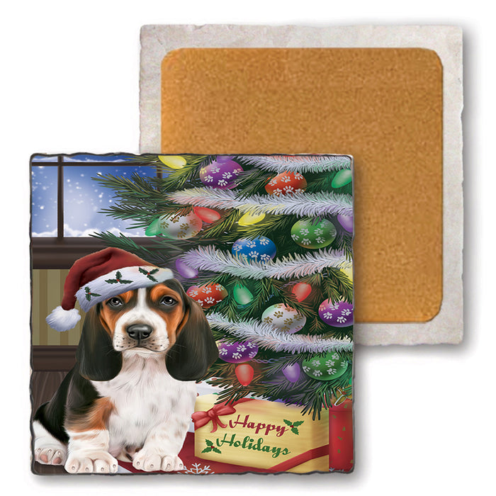 Christmas Happy Holidays Basset Hound Dog with Tree and Presents Set of 4 Natural Stone Marble Tile Coasters MCST48801