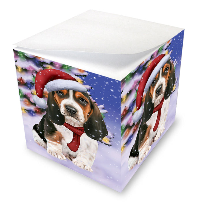 Winterland Wonderland Basset Hound Dog In Christmas Holiday Scenic Background Note Cube NOC53362