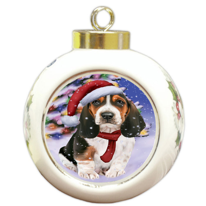 Winterland Wonderland Basset Hound Dog In Christmas Holiday Scenic Background  Round Ball Christmas Ornament RBPOR53362