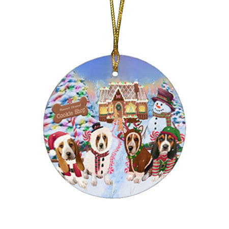 Holiday Gingerbread Cookie Shop Basset Hounds Dog Round Flat Christmas Ornament RFPOR56457