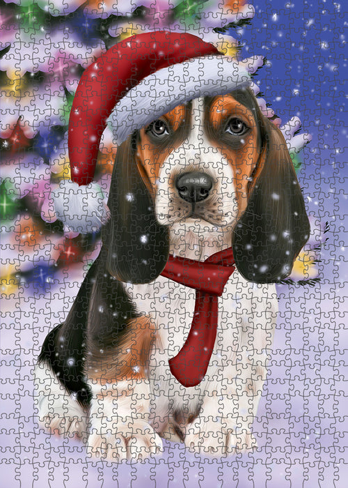 Winterland Wonderland Basset Hound Dog In Christmas Holiday Scenic Background Puzzle with Photo Tin PUZL80604