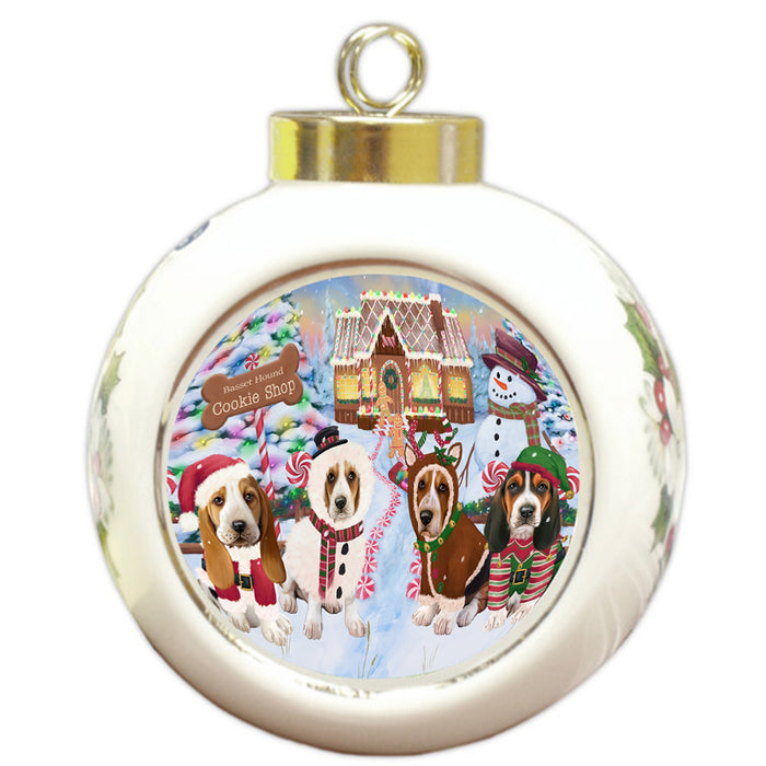 Holiday Gingerbread Cookie Shop Basset Hounds Dog Round Ball Christmas Ornament RBPOR56457