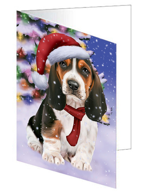 Winterland Wonderland Basset Hound Dog In Christmas Holiday Scenic Background  Handmade Artwork Assorted Pets Greeting Cards and Note Cards with Envelopes for All Occasions and Holiday Seasons GCD64115