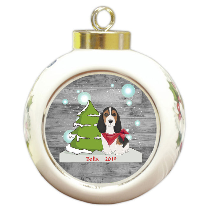 Custom Personalized Winter Scenic Tree and Presents Basset Hound Dog Christmas Round Ball Ornament
