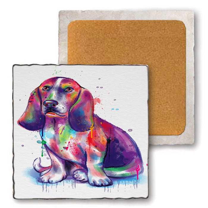 Watercolor Basset Hound Dog Set of 4 Natural Stone Marble Tile Coasters MCST52071