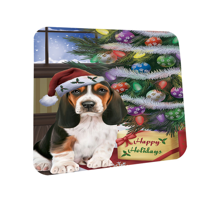 Christmas Happy Holidays Basset Hound Dog with Tree and Presents Coasters Set of 4 CST53759