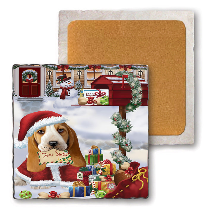 Basset Hound Dog Dear Santa Letter Christmas Holiday Mailbox Set of 4 Natural Stone Marble Tile Coasters MCST48871