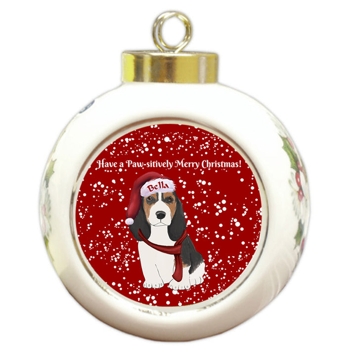 Custom Personalized Pawsitively Basset Hound Dog Merry Christmas Round Ball Ornament