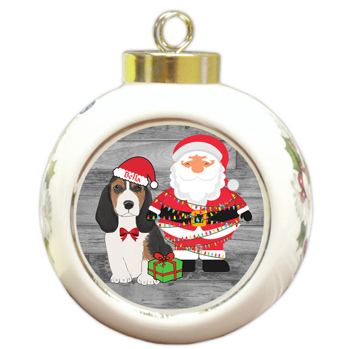 Custom Personalized Basset Hound Dog With Santa Wrapped in Light Christmas Round Ball Ornament