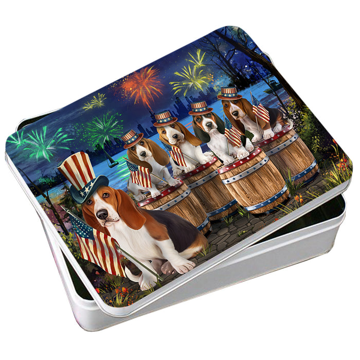 4th of July Independence Day Fireworks Basset Hounds at the Lake Photo Storage Tin PITN51010