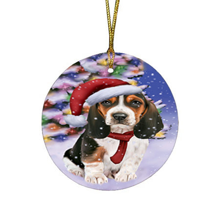 Winterland Wonderland Basset Hound Dog In Christmas Holiday Scenic Background  Round Flat Christmas Ornament RFPOR53353
