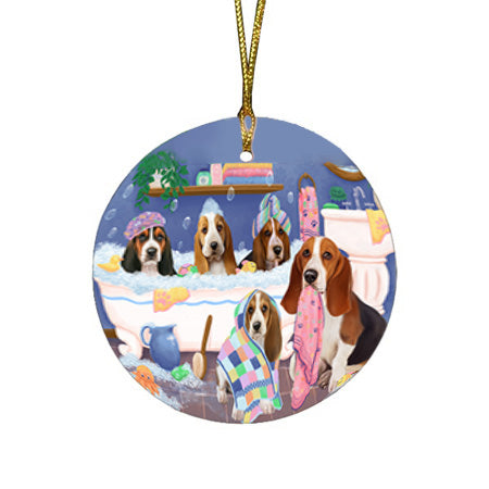 Rub A Dub Dogs In A Tub Basset Hounds Dog Round Flat Christmas Ornament RFPOR57115