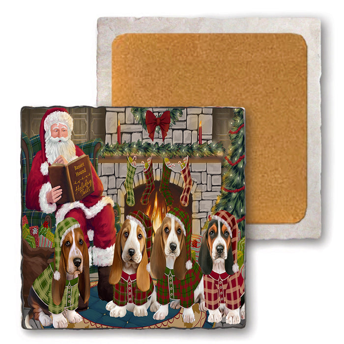 Christmas Cozy Holiday Tails Basset Hounds Dog Set of 4 Natural Stone Marble Tile Coasters MCST50095