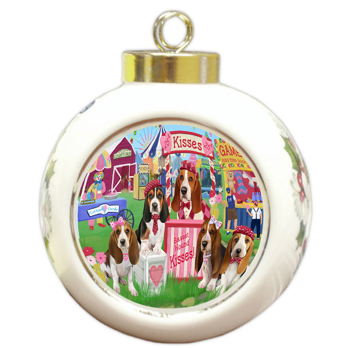 Carnival Kissing Booth Basset Hounds Dog Round Ball Christmas Ornament RBPOR56135