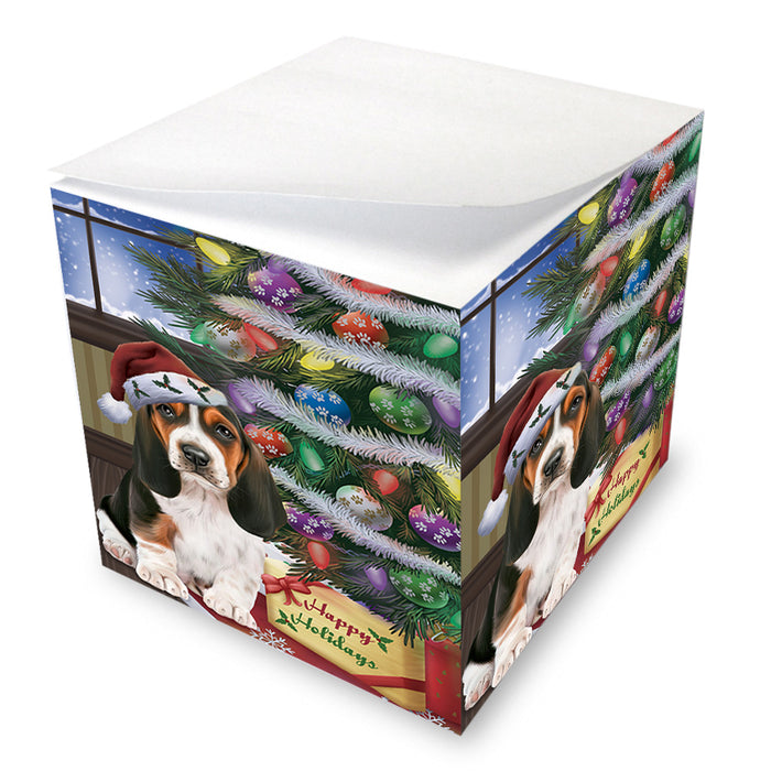 Christmas Happy Holidays Basset Hound Dog with Tree and Presents Note Cube NOC55447