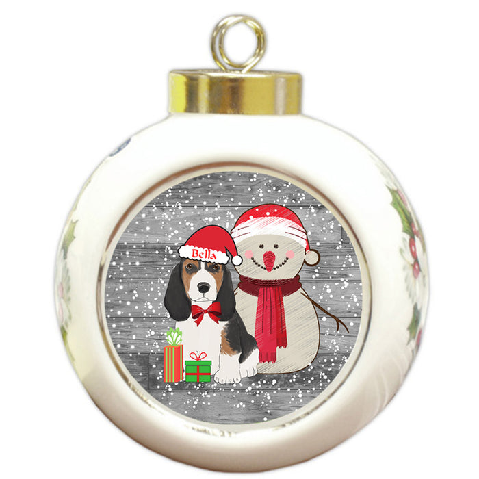 Custom Personalized Snowy Snowman and Basset Hound Dog Christmas Round Ball Ornament