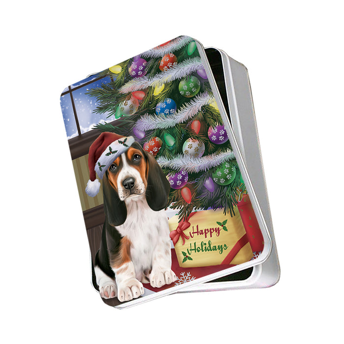 Christmas Happy Holidays Basset Hound Dog with Tree and Presents Photo Storage Tin PITN53744