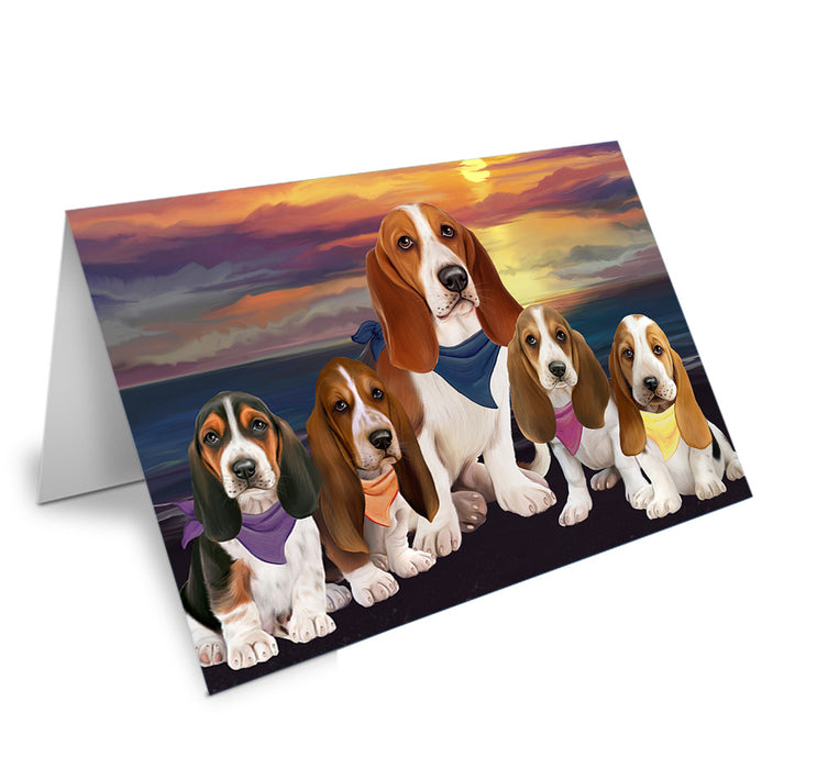 Family Sunset Portrait Basset Hounds Dog Handmade Artwork Assorted Pets Greeting Cards and Note Cards with Envelopes for All Occasions and Holiday Seasons GCD54728