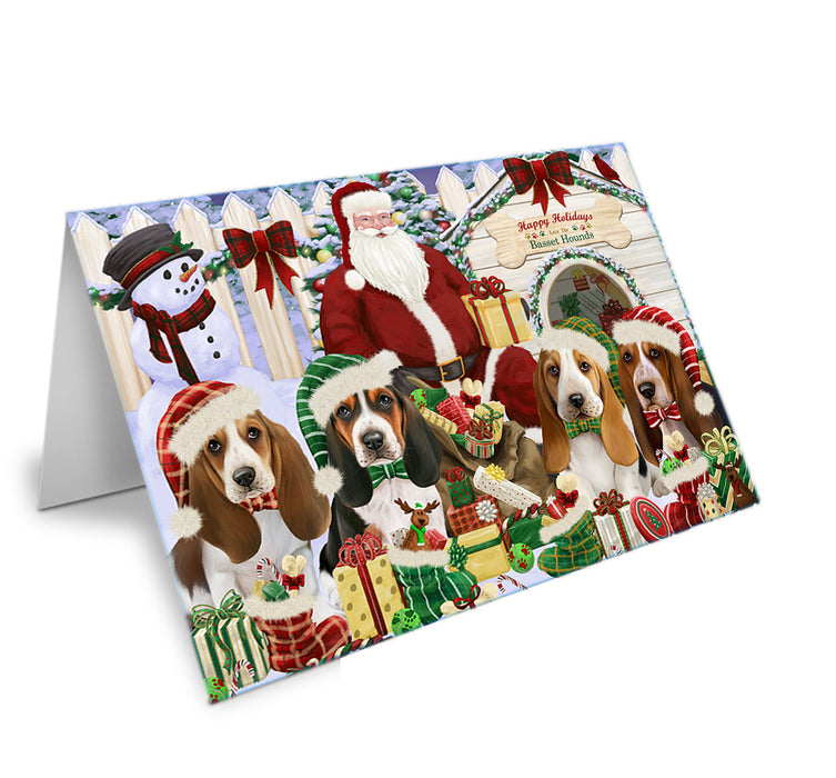 Happy Holidays Christmas Basset Hounds Dog House Gathering Handmade Artwork Assorted Pets Greeting Cards and Note Cards with Envelopes for All Occasions and Holiday Seasons GCD57857