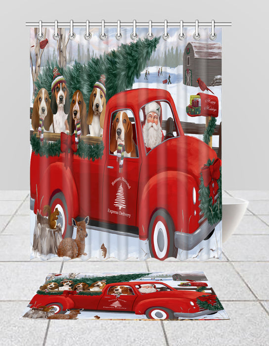Christmas Santa Express Delivery Red Truck Basset Hound Dogs Bath Mat and Shower Curtain Combo