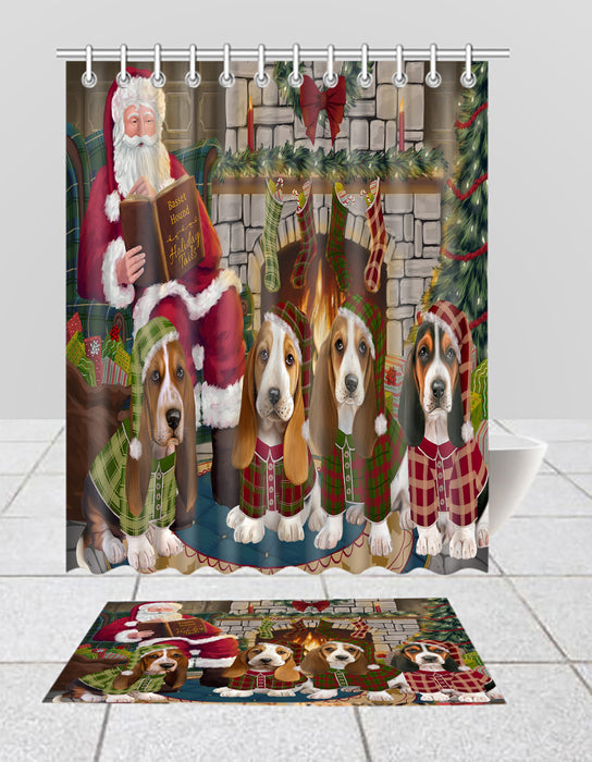 Christmas Cozy Holiday Fire Tails Basset Hound Dogs Bath Mat and Shower Curtain Combo