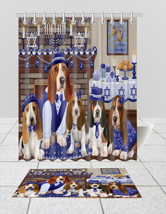 Happy Hanukkah Family Basset Hound Dogs Bath Mat and Shower Curtain Combo