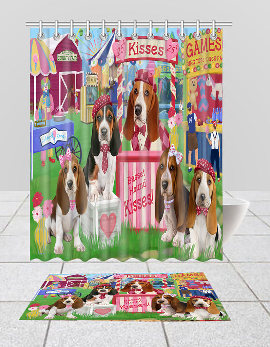 Carnival Kissing Booth Basset Hound Dogs  Bath Mat and Shower Curtain Combo