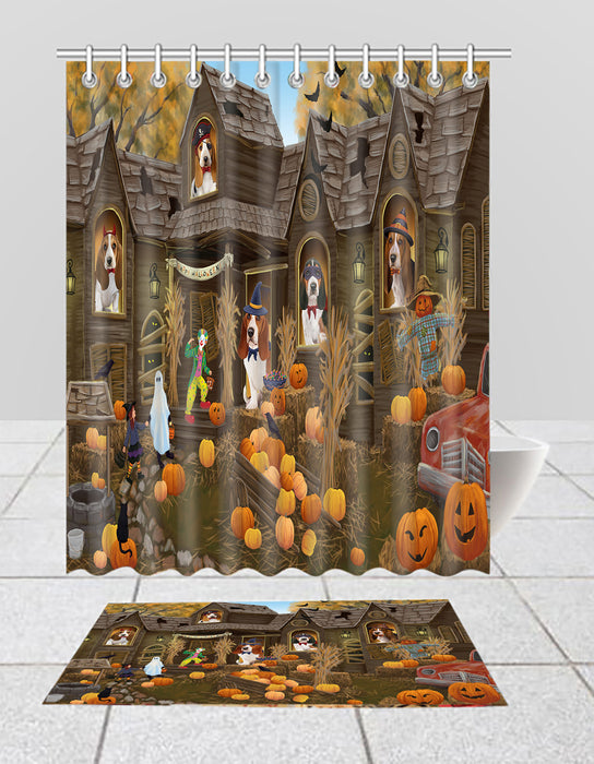 Haunted House Halloween Trick or Treat Basset Hound Dogs  Bath Mat and Shower Curtain Combo