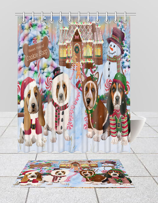 Holiday Gingerbread Cookie Basset Hound Dogs  Bath Mat and Shower Curtain Combo