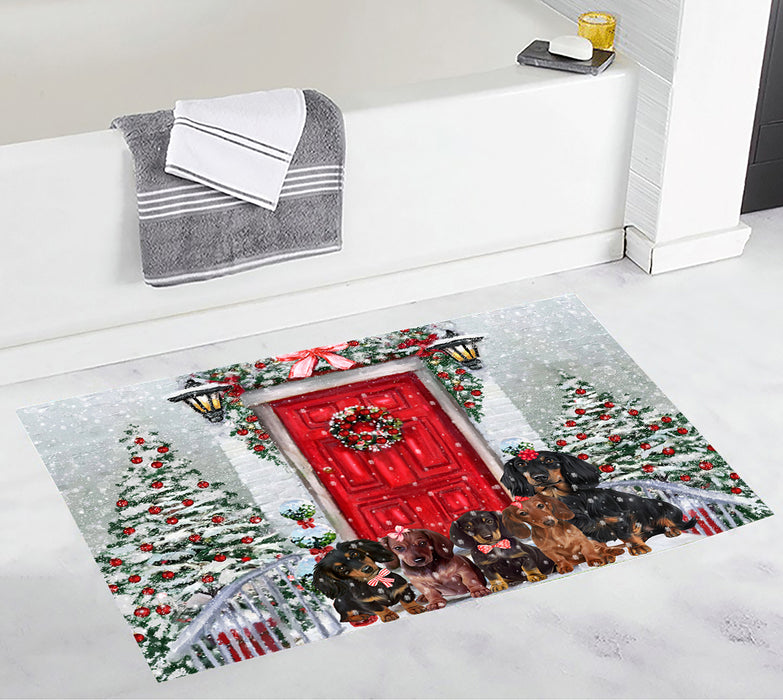 Christmas Holiday Welcome Red Door Dachshund Dog Bath Mat