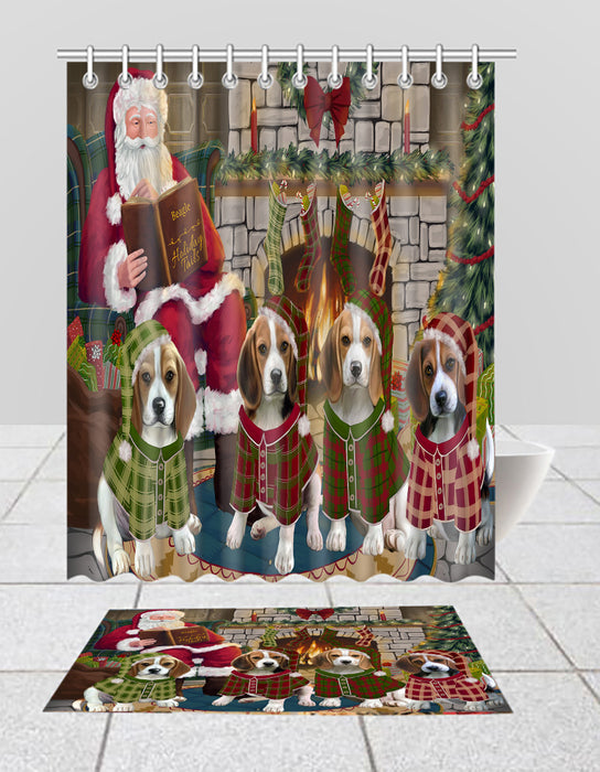 Christmas Cozy Holiday Fire Tails Beagle Dogs Bath Mat and Shower Curtain Combo