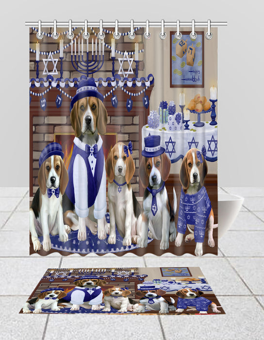 Happy Hanukkah Family Beagle Dogs Bath Mat and Shower Curtain Combo