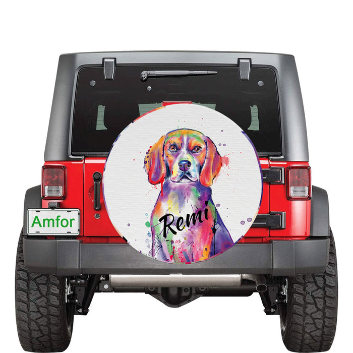 Custom Pet Name Personalized Watercolor Beagle Dog Car Tire Cover