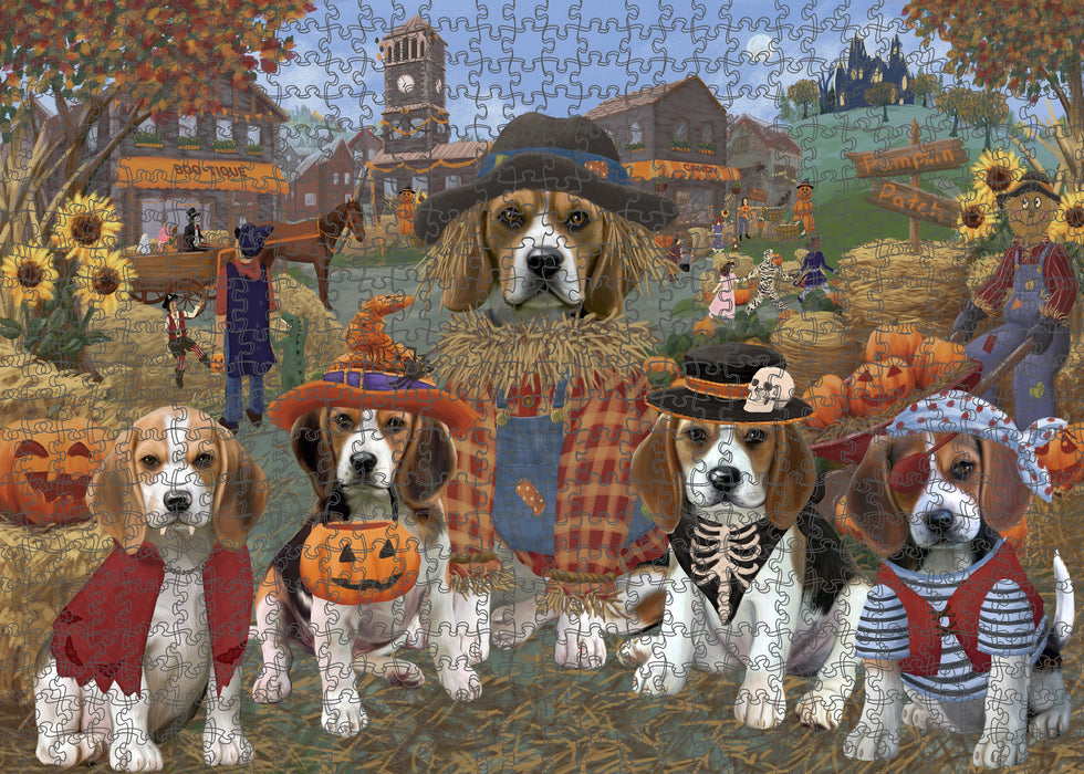 Halloween 'Round Town And Fall Pumpkin Scarecrow Both Beagle Dogs Puzzle with Photo Tin PUZL96180