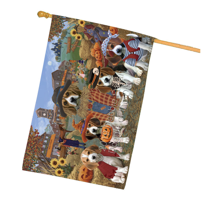 Halloween 'Round Town And Fall Pumpkin Scarecrow Both Beagle Dogs House Flag FLG65624