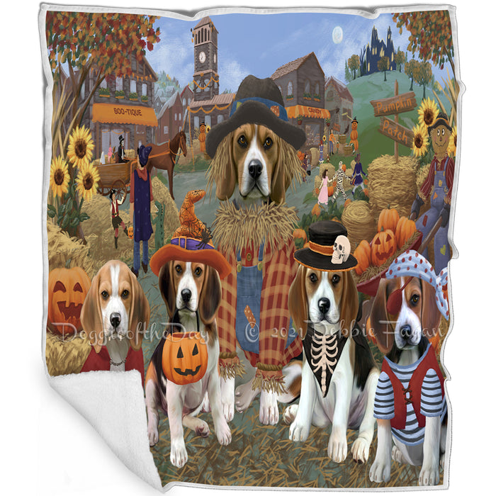 Halloween 'Round Town And Fall Pumpkin Scarecrow Both Beagle Dogs Blanket BLNKT138674