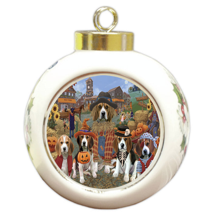 Halloween 'Round Town And Fall Pumpkin Scarecrow Both Beagle Dogs Round Ball Christmas Ornament RBPOR57372