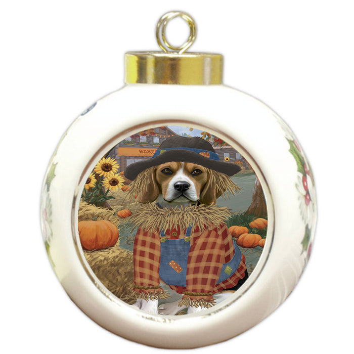 Halloween 'Round Town And Fall Pumpkin Scarecrow Both Beagle Dogs Round Ball Christmas Ornament RBPOR57433