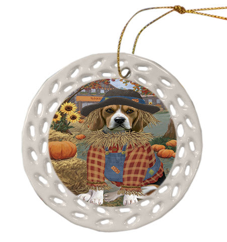 Fall Pumpkin Scarecrow Beagle Dogs Ceramic Doily Ornament DPOR57529
