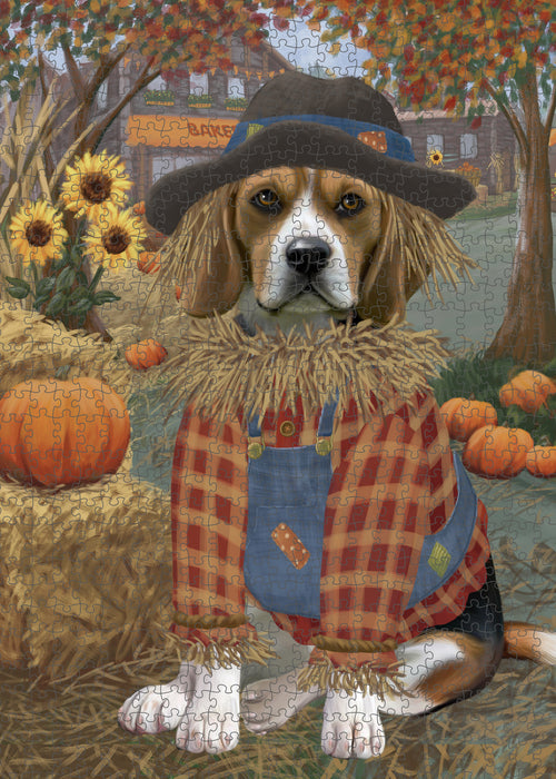 Halloween 'Round Town And Fall Pumpkin Scarecrow Both Beagle Dogs Puzzle with Photo Tin PUZL96424