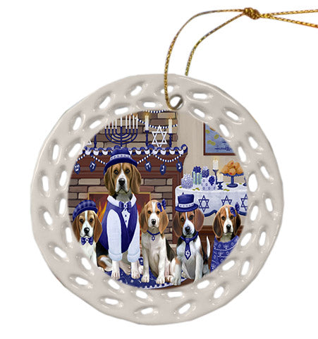 Happy Hanukkah Family Beagle Dogs Ceramic Doily Ornament DPOR57590