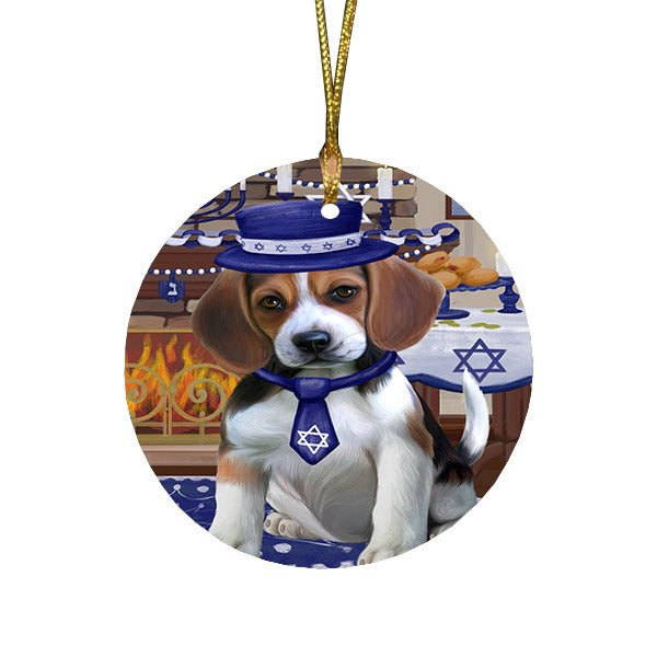 Happy Hanukkah Family and Happy Hanukkah Both Beagle Dog Round Flat Christmas Ornament RFPOR57550
