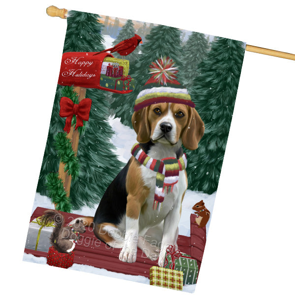 Christmas Woodland Sled Beagle Dog House Flag Outdoor Decorative Double Sided Pet Portrait Weather Resistant Premium Quality Animal Printed Home Decorative Flags 100% Polyester FLG69543
