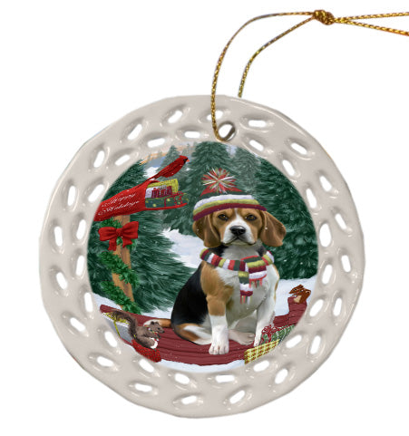 Christmas Woodland Sled Beagle Dog Doily Ornament DPOR59041