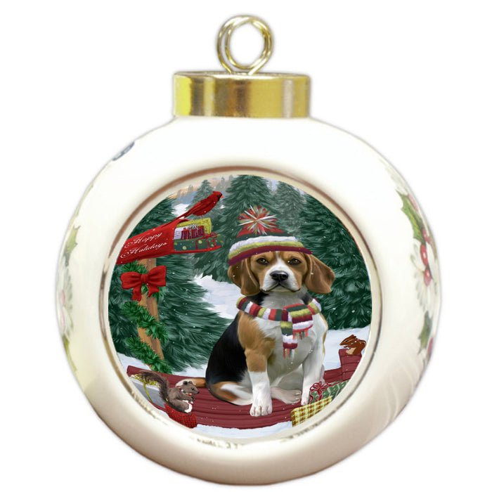 Christmas Woodland Sled Beagle Dog Round Ball Christmas Ornament Pet Decorative Hanging Ornaments for Christmas X-mas Tree Decorations - 3" Round Ceramic Ornament, RBPOR59617